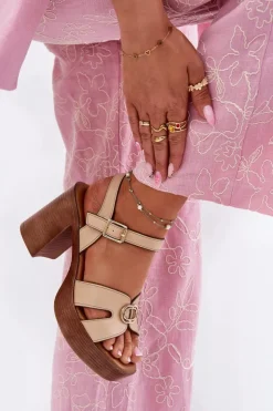 Evento Sandały Na Słupku|Sandały Na Obcasie*Sandały Damskie Na Słupku Ze Złotą Ozdobą Beżowe Nusorilis