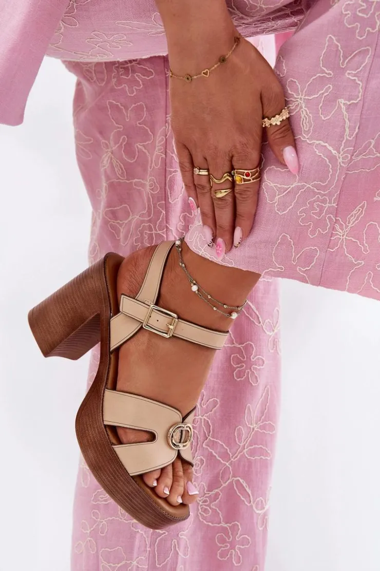 Evento Sandały Na Słupku|Sandały Na Obcasie*Sandały Damskie Na Słupku Ze Złotą Ozdobą Beżowe Nusorilis