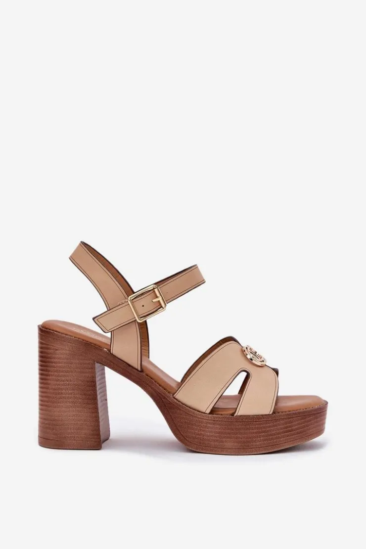 Evento Sandały Na Słupku|Sandały Na Obcasie*Sandały Damskie Na Słupku Ze Złotą Ozdobą Beżowe Nusorilis