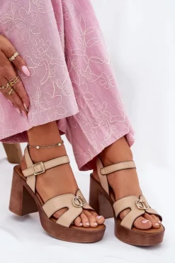 Evento Sandały Na Słupku|Sandały Na Obcasie*Sandały Damskie Na Słupku Ze Złotą Ozdobą Beżowe Nusorilis