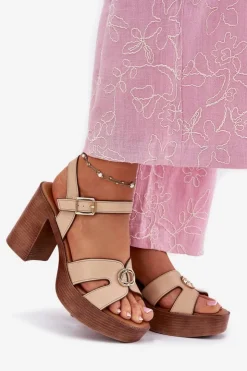 Evento Sandały Na Słupku|Sandały Na Obcasie*Sandały Damskie Na Słupku Ze Złotą Ozdobą Beżowe Nusorilis