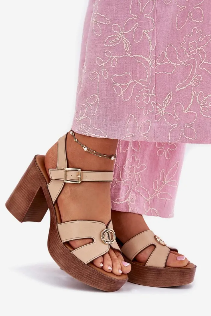 Evento Sandały Na Słupku|Sandały Na Obcasie*Sandały Damskie Na Słupku Ze Złotą Ozdobą Beżowe Nusorilis