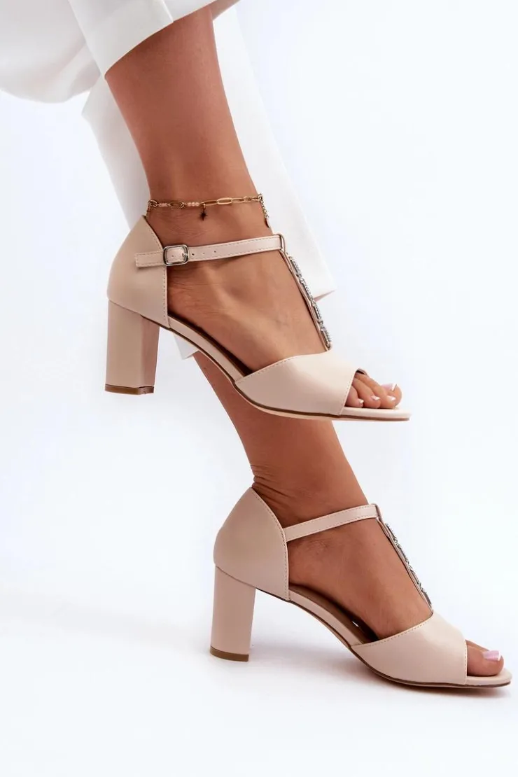 Evento Sandały Na Słupku|Sandały Na Obcasie*Sandały Damskie Na Słupku Z Ozdobnym Paskiem Eko Skóra Beżowe Triavera
