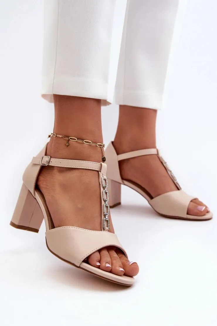 Evento Sandały Na Słupku|Sandały Na Obcasie*Sandały Damskie Na Słupku Z Ozdobnym Paskiem Eko Skóra Beżowe Triavera