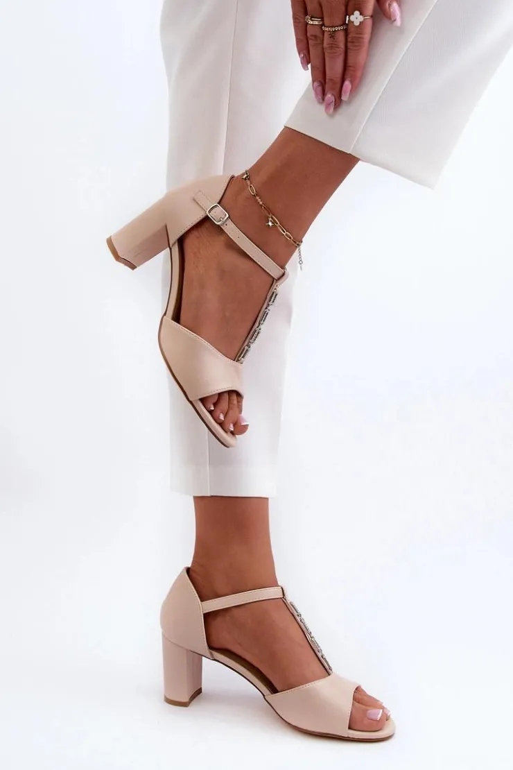 Evento Sandały Na Słupku|Sandały Na Obcasie*Sandały Damskie Na Słupku Z Ozdobnym Paskiem Eko Skóra Beżowe Triavera