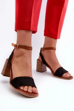 Damskie Evento Sandały Damskie Na Słupku Z Eko Zamszu Czarne Ronvia