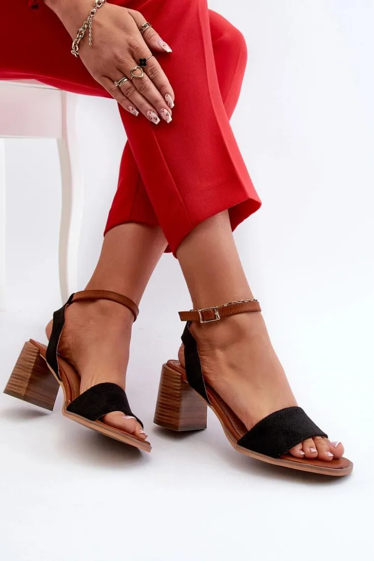 Damskie Evento Sandały Damskie Na Słupku Z Eko Zamszu Czarne Ronvia