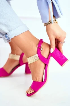 Sale Damskie buty S.Barski Sandały Damskie Na Słupku Zamszowe Fuksja Enjoy Różowy