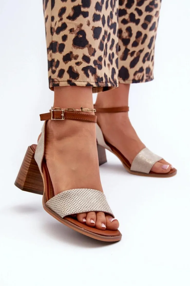 Damskie Evento Sandały Damskie Na Słupku Z Eko Zamszu Złote Ronvia