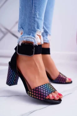 Buty damskie Vinceza Sandały Na Obcasie*Sandały Damskie Na Słupku Zamszowe Czarne Geometric