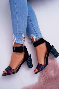 Buty damskie Vinceza Sandały Na Obcasie*Sandały Damskie Na Słupku Zamszowe Czarne Geometric