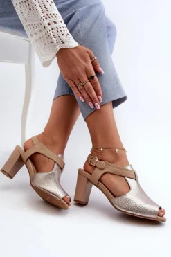 Damskie Boto Sandały Damskie Na Słupku Z Eko Skóry Złote Queenmarie