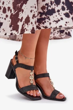 Damskie Boto Sandały Damskie Na Słupku Z Ozdobą I Plecionką Czarne Annaviel