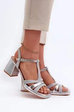 Clearance Evento Sandały Damskie Na Słupku Z Eko Skóry Srebrne Lyana Srebrny
