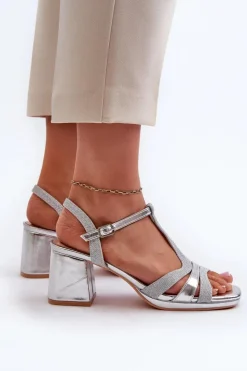 Clearance Evento Sandały Damskie Na Słupku Z Eko Skóry Srebrne Lyana Srebrny