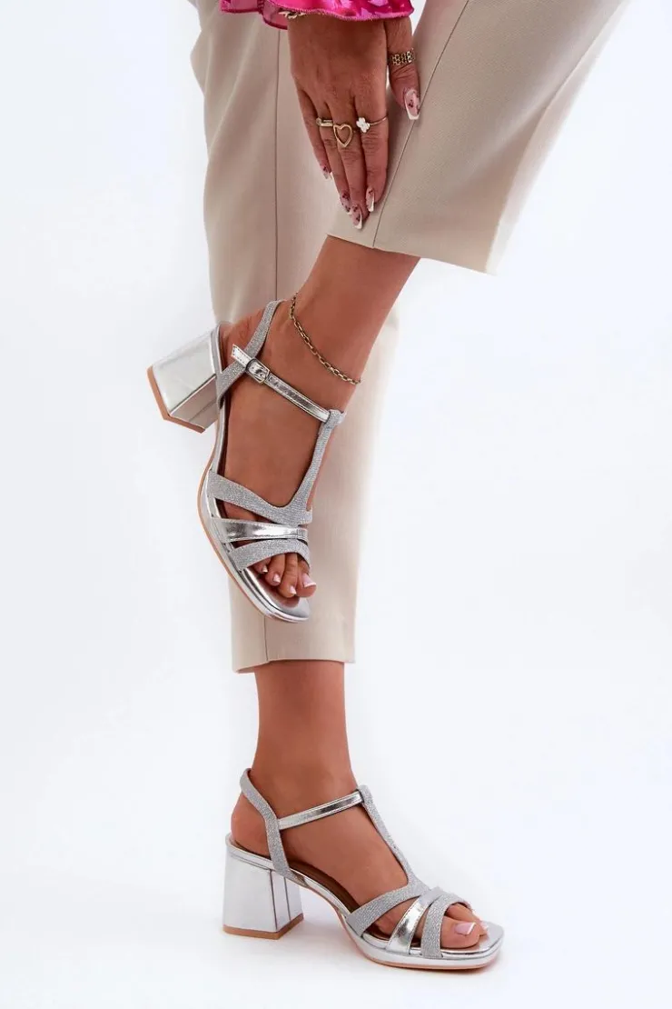 Clearance Evento Sandały Damskie Na Słupku Z Eko Skóry Srebrne Lyana Srebrny