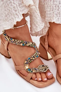 Clearance Artiker Sandały Damskie Na Słupku Z Kryształkami 56C1377 Beżowe Beżowy