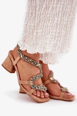 Clearance Artiker Sandały Damskie Na Słupku Z Kryształkami 56C1377 Beżowe Beżowy