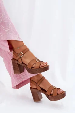 Damskie Evento Sandały Damskie Na Słupku Ze Złotą Ozdobą Camel Nusorilis