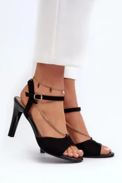 Damskie Buty Sergio Leone Sandały Damskie Na Szpilce Eko Zamszowe Z Łańcuszkiem Sergio Leone SK925 Czarne