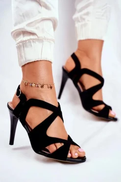 Damskie Buty Sergio Leone Sandały Damskie Na Szpilce Sergio Leone Eko-Zamsz Czarne SK427