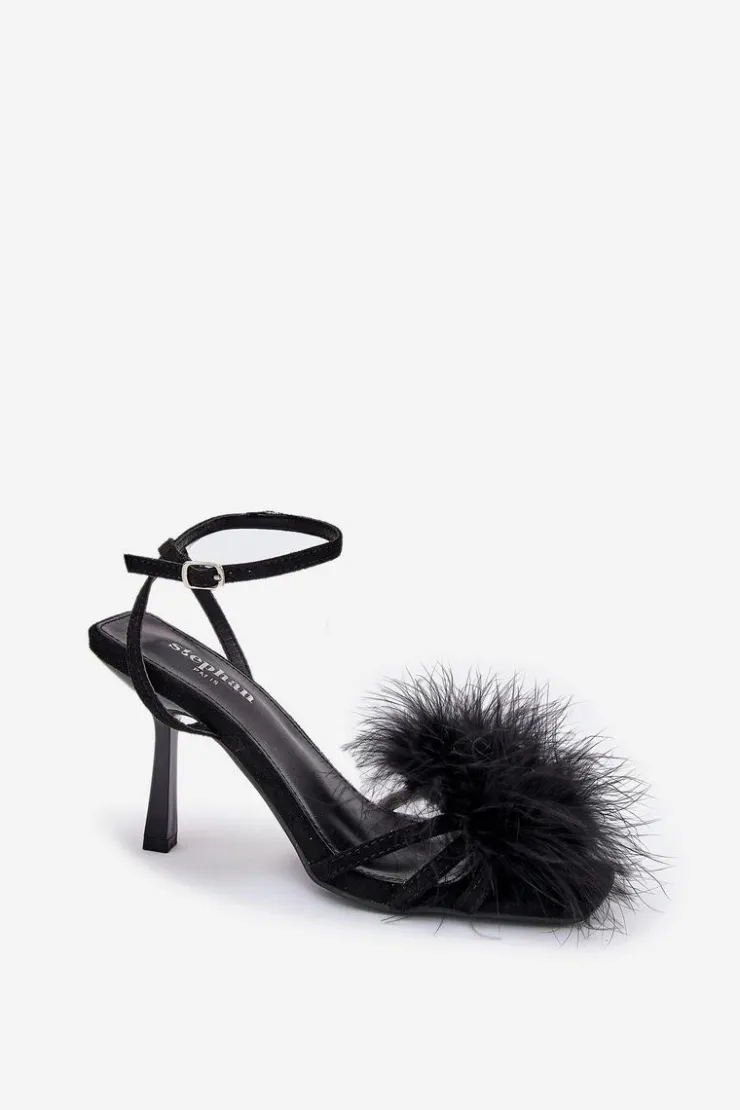 Boto Sandały Na Obcasie*Sandały Damskie Na Szpilce Z Piórami Czarne Xaliope Czarny