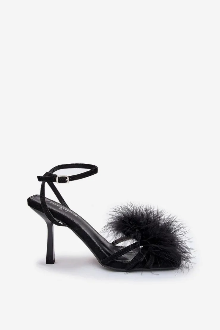 Boto Sandały Na Obcasie*Sandały Damskie Na Szpilce Z Piórami Czarne Xaliope Czarny
