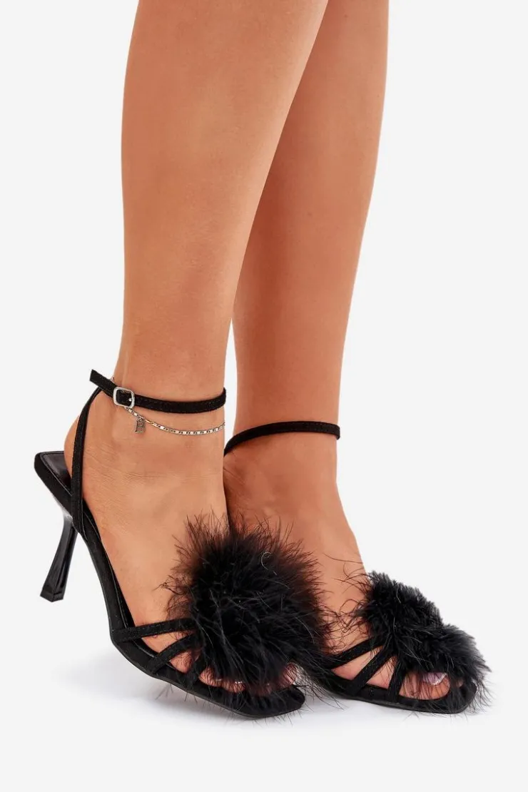 Boto Sandały Na Obcasie*Sandały Damskie Na Szpilce Z Piórami Czarne Xaliope Czarny