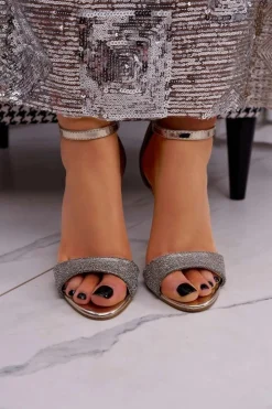 Boto Sandały Na Obcasie*Sandały Damskie Na Szpilce Brokatowe Złote Fiver