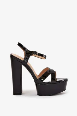 Hot Boto Sandały Damskie Na Wysokim Słupku I Platformie Lakierowane Czarne Jovenes Czarny