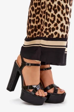 Hot Boto Sandały Damskie Na Wysokim Słupku I Platformie Lakierowane Czarne Jovenes Czarny