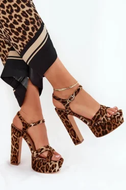 Damskie Boto Sandały Damskie Na Wysokim Słupku I Platformie W Panterkę Brązowe Jovenes