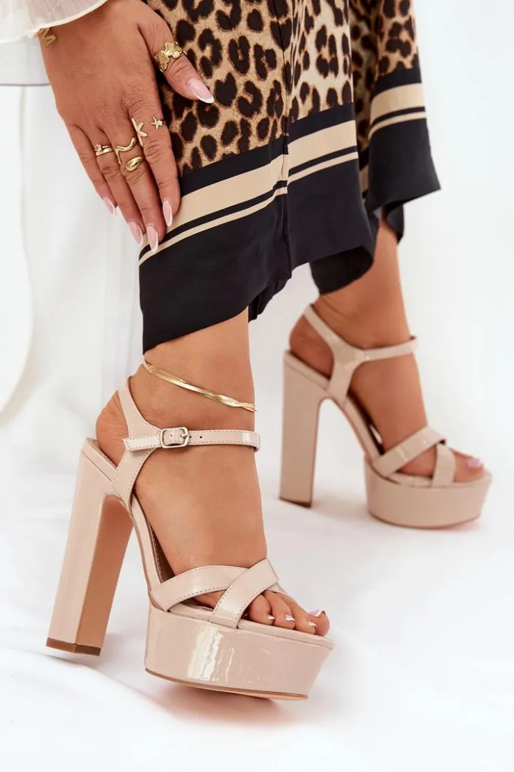 Boto Sandały Na Słupku|Sandały Na Obcasie*Sandały Damskie Na Wysokim Słupku I Platformie Lakierowane Beżowe Jovenes Beżowy