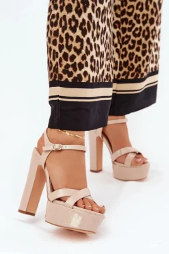 Boto Sandały Na Słupku|Sandały Na Obcasie*Sandały Damskie Na Wysokim Słupku I Platformie Lakierowane Beżowe Jovenes Beżowy