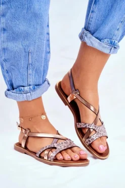 Outlet Evento Sandały Damskie Płaskie Champagne Barski Lomba