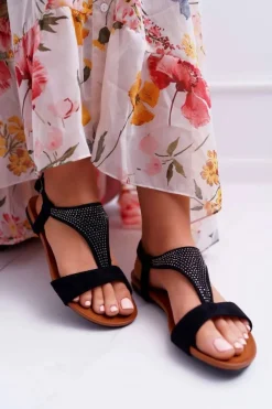 Clearance Boto Sandały Damskie Płaskie Czarne Sorsano