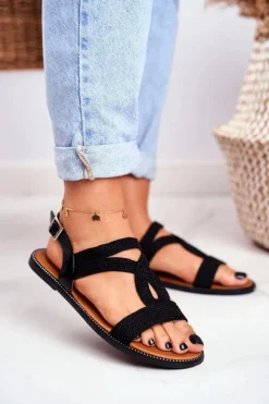 Damskie Boto Sandały Damskie Płaskie Czarne Rachel