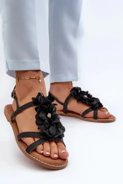 Damskie Boto Sandały Damskie Płaskie Ozdobione Kwiatkami Czarne Abidina