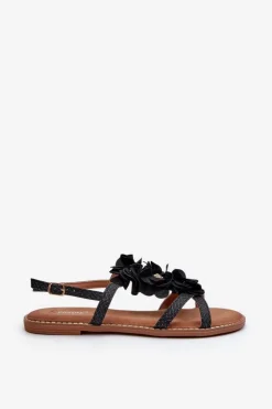 Damskie Boto Sandały Damskie Płaskie Ozdobione Kwiatkami Czarne Abidina