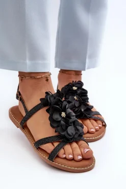 Damskie Boto Sandały Damskie Płaskie Ozdobione Kwiatkami Czarne Abidina