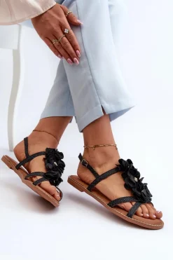 Damskie Boto Sandały Damskie Płaskie Ozdobione Kwiatkami Czarne Abidina