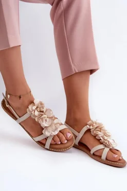 New Boto Sandały Damskie Płaskie Ozdobione Kwiatkami Beżowe Abidina