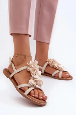 New Boto Sandały Damskie Płaskie Ozdobione Kwiatkami Beżowe Abidina