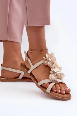 New Boto Sandały Damskie Płaskie Ozdobione Kwiatkami Beżowe Abidina