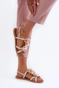 New Boto Sandały Damskie Płaskie Ozdobione Kwiatkami Beżowe Abidina