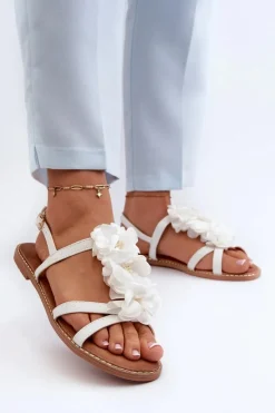 Boto Sandały Płaskie*Sandały Damskie Płaskie Ozdobione Kwiatkami Białe Abidina