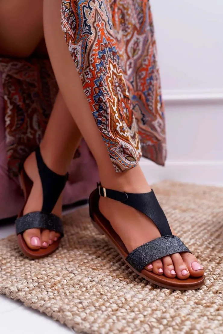 Damskie Buty Sergio Leone Sandały Damskie Płaskie Sergio Leone SK020 Czarne Magra