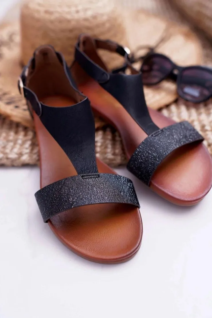 Damskie Buty Sergio Leone Sandały Damskie Płaskie Sergio Leone SK020 Czarne Magra