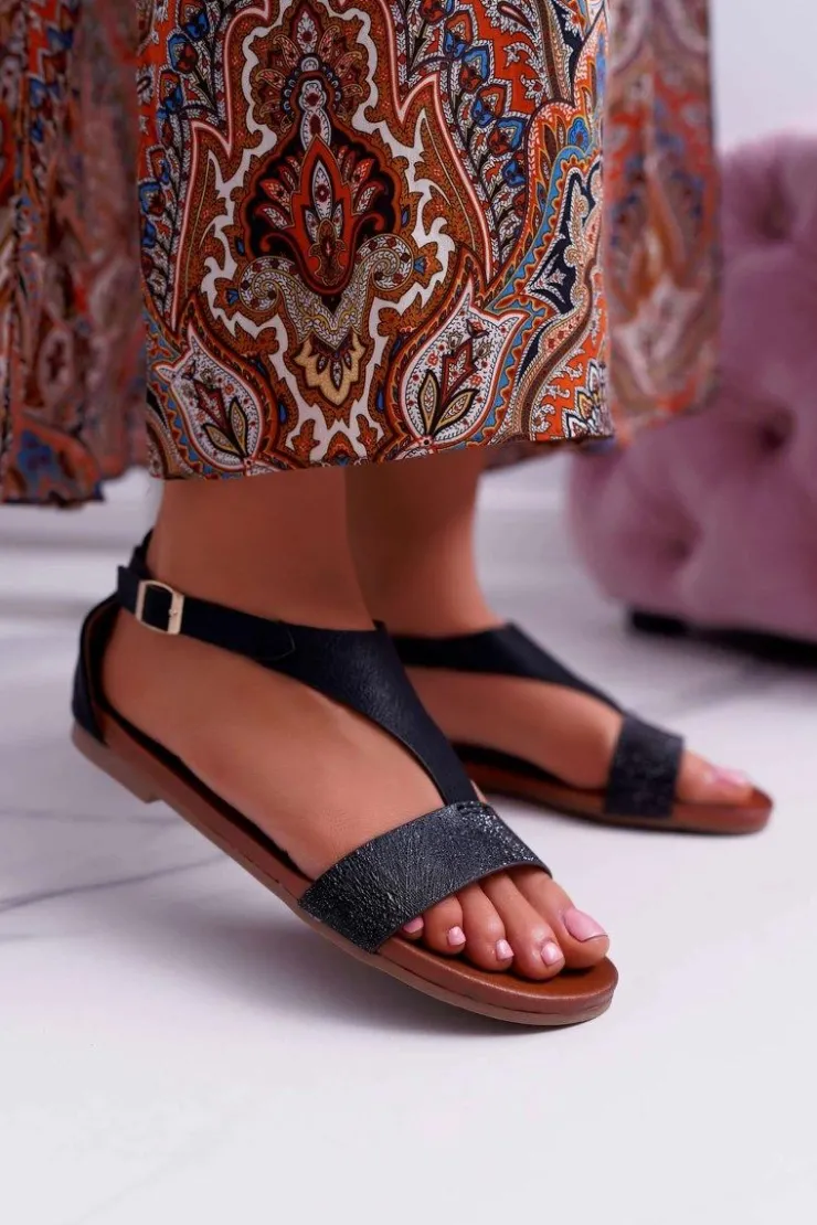 Damskie Buty Sergio Leone Sandały Damskie Płaskie Sergio Leone SK020 Czarne Magra