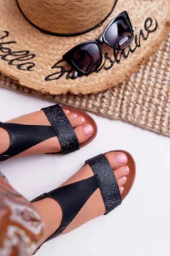 Damskie Buty Sergio Leone Sandały Damskie Płaskie Sergio Leone SK020 Czarne Magra